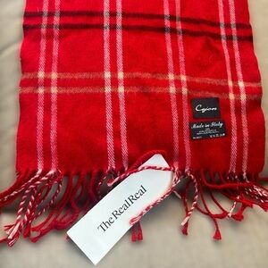 Cejon stunning red plaid retro fringe scarf, luxe, made in Italy, unisex